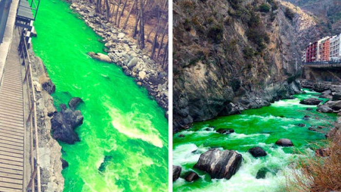 İspanyol nehri, sakinlerin 'zehirli' olduklarından korktuğu yeşil renk akıyor
